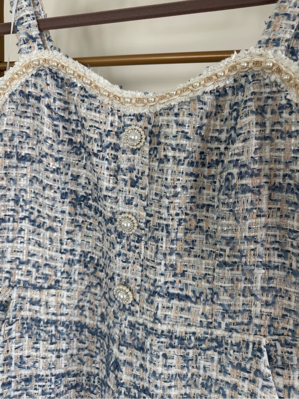 NWT Lulu's Blue & White Tweed Jumpsuit with Beaded details Size M - Picture 2 of 9